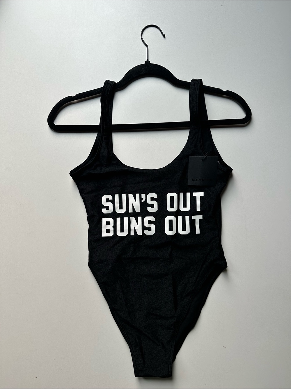 Women's Black One-Piece Swimsuit with White 'Sun's Out Buns Out' Print. NWT